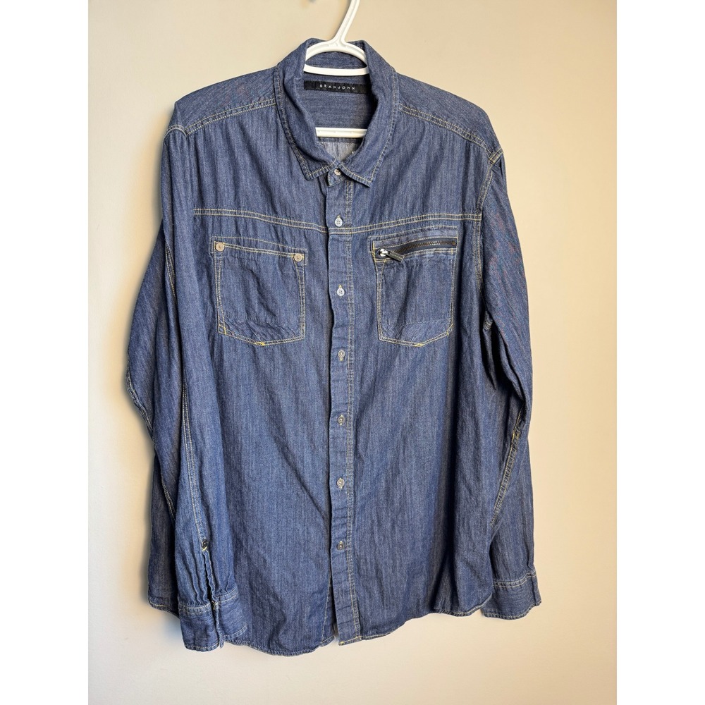Sean John Mens Blue Denim Button Down Shirt 3XL Casual Streetwear Utility